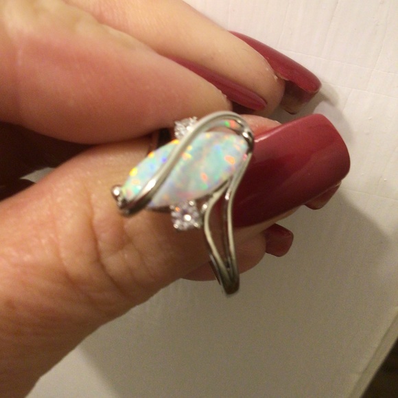 White Gold Plated Brass Created Fire Opal with cubic zirconia sz 6 - Picture 1 of 8